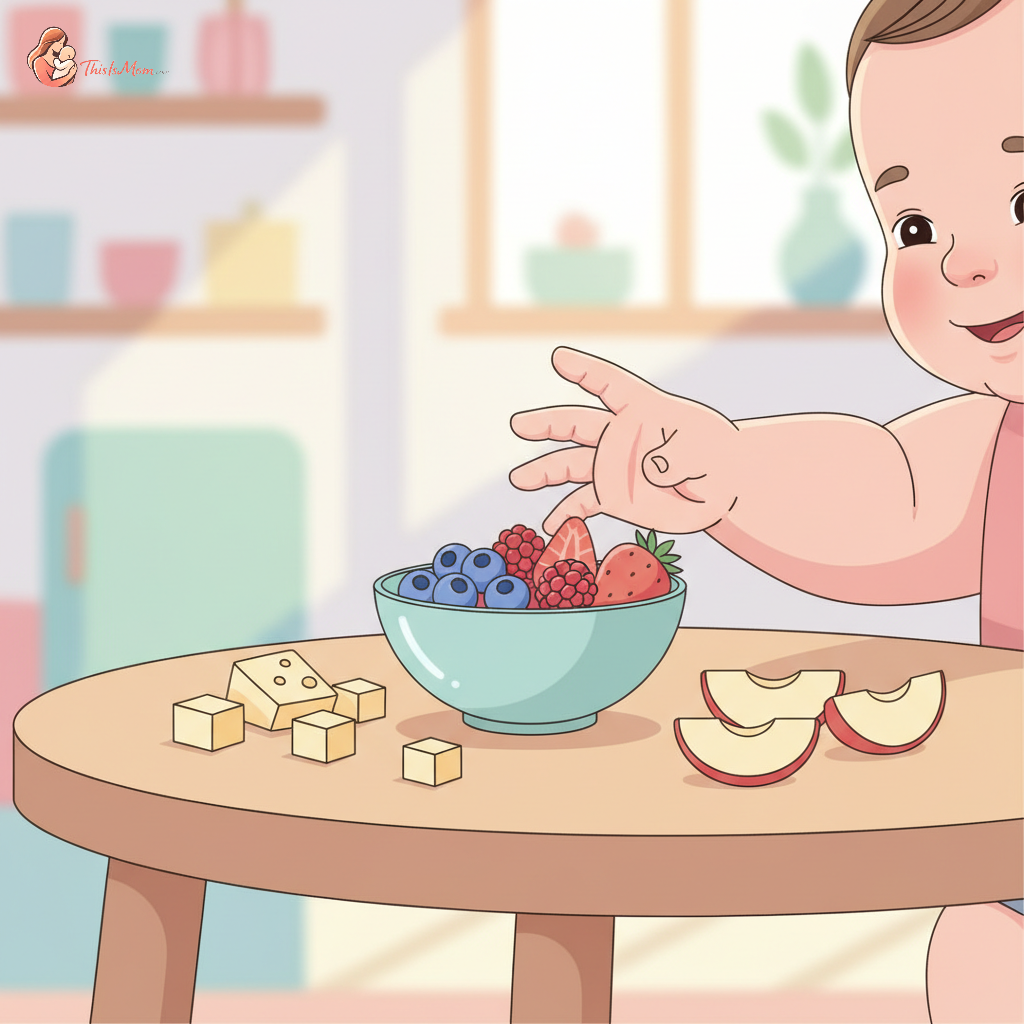 Toddler hand reaching for a healthy snack on a table, with other balanced snack options visible, implying structured eating