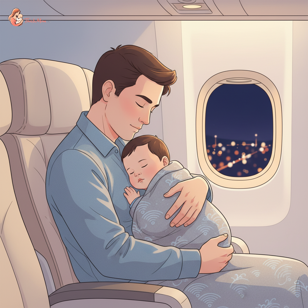 A tired but relieved parent lovingly cradling a sleeping baby in a dimly lit airplane cabin, a soft blanket draped over them to create a dark nook, with the faint glow of distant city lights visible outside the window.