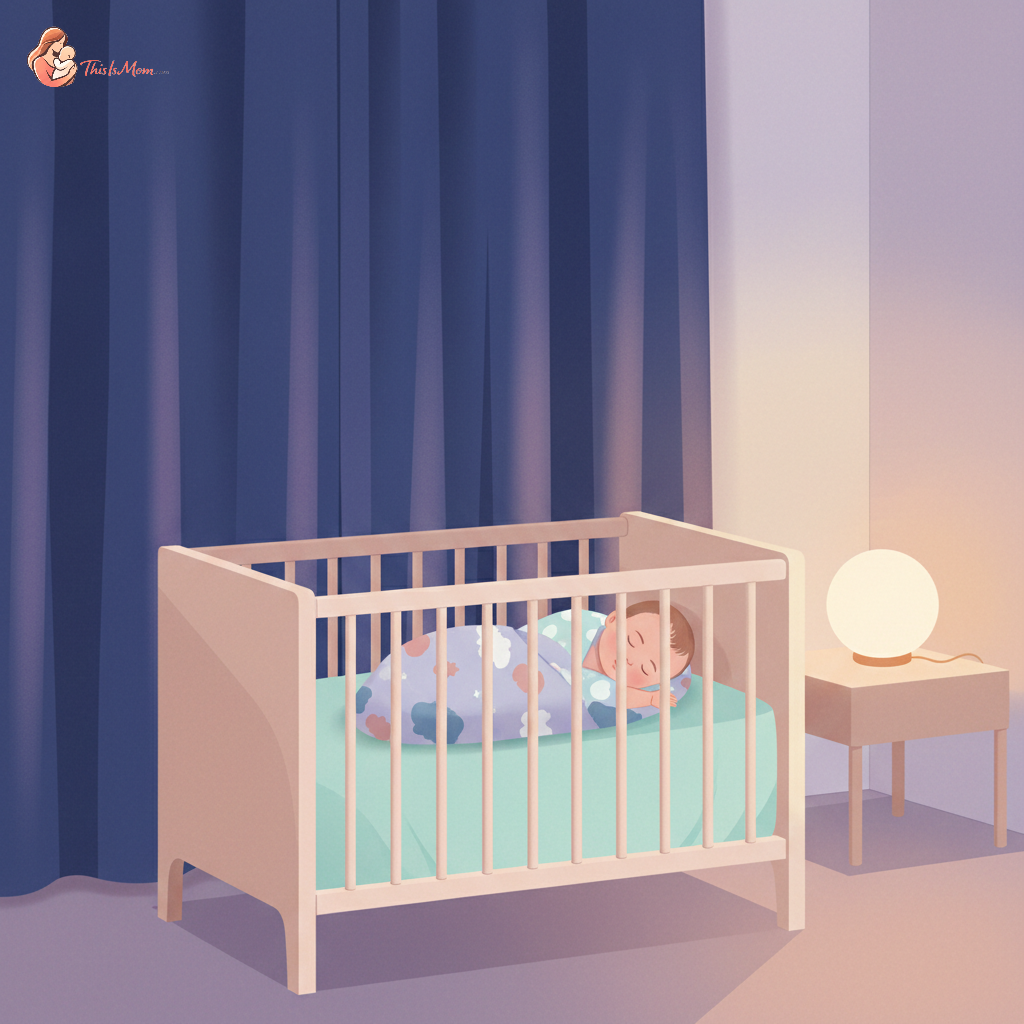Happy baby sleeping soundly in a crib with a dark room and a small, soft nightlight, representing peaceful sleep after daylight savings adjustment.