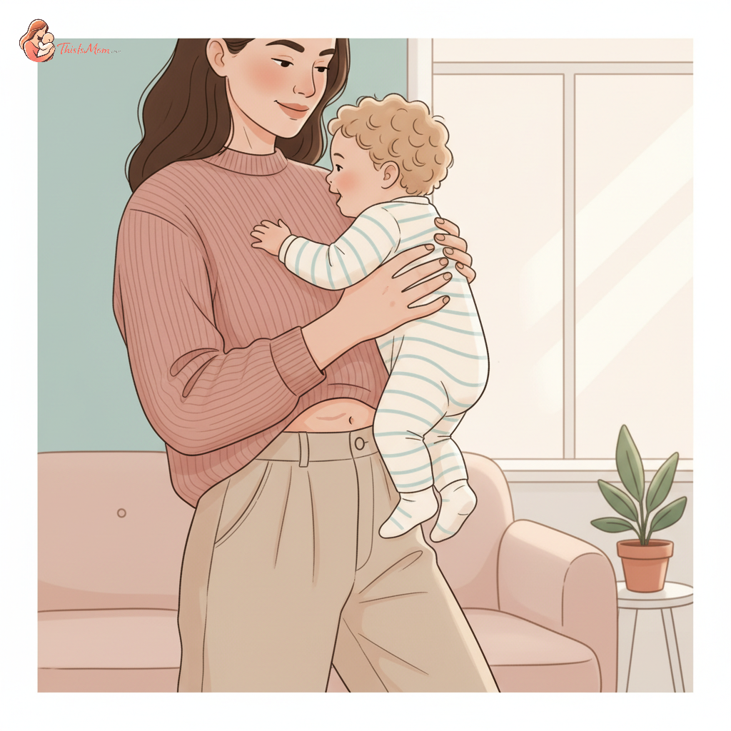 A mother gently lifting her toddler from a low couch, using her legs and keeping her back straight, with a C-section scar faintly visible but not the focus, depicting careful movement and maternal care.