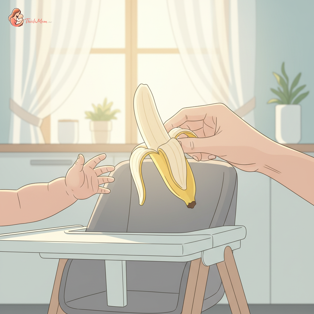 A parent gently offering a soft, age-appropriate food piece to a baby in a high chair during baby-led weaning, with a focus on safe eating.
