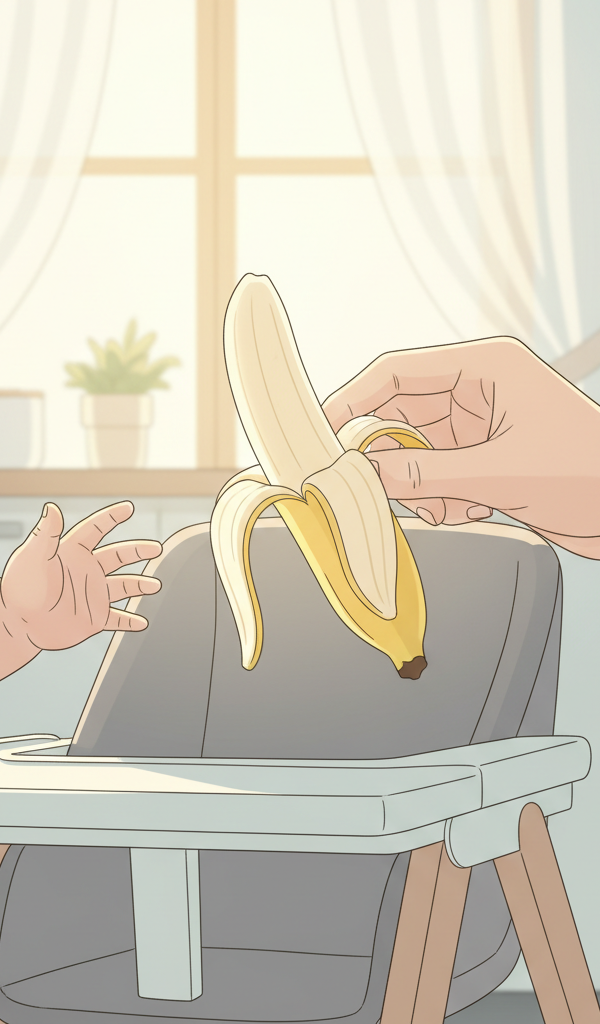 A parent gently offering a soft, age-appropriate food piece to a baby in a high chair during baby-led weaning, with a focus on safe eating.