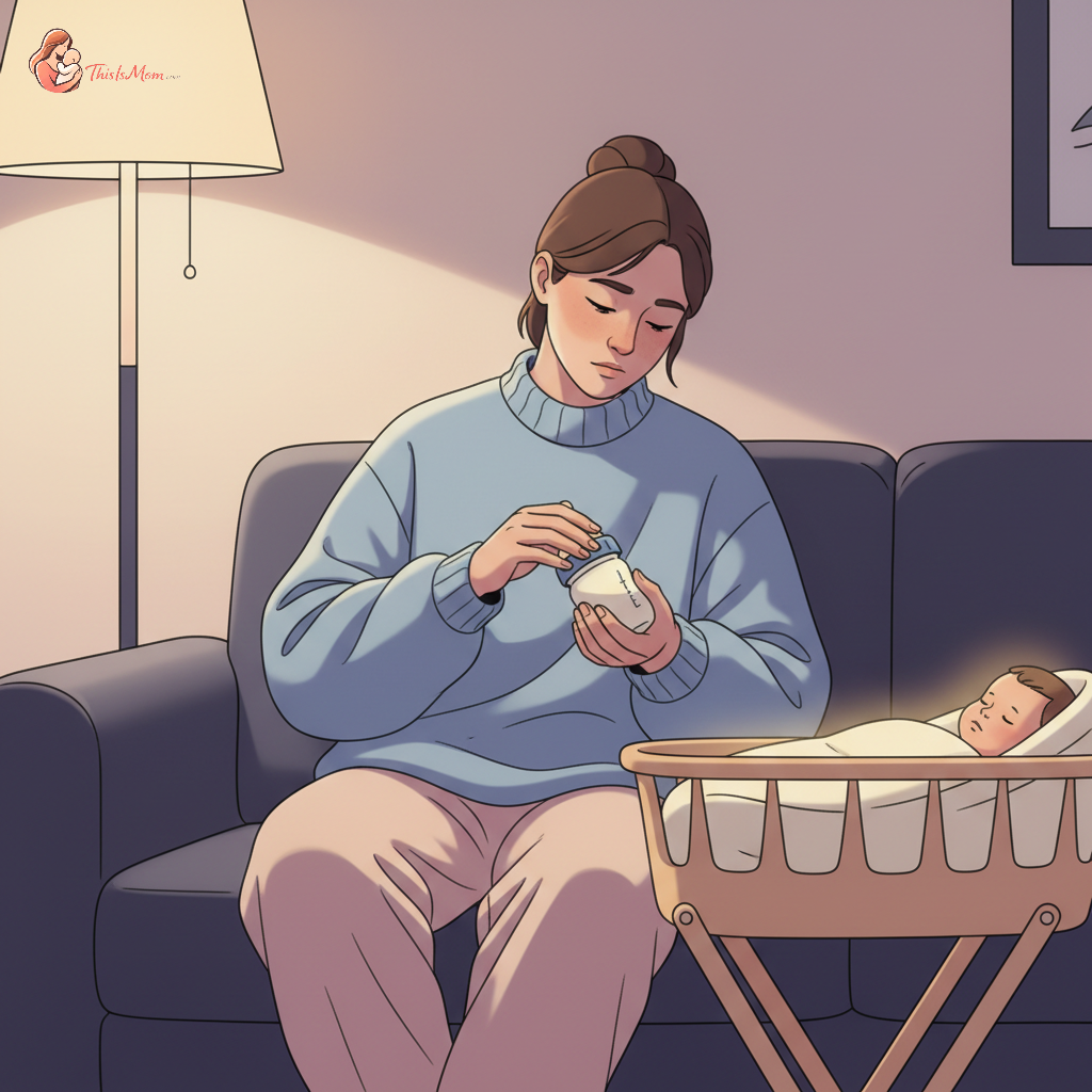 Exhausted parent gently rocking a baby bottle while sitting in a dimly lit living room at night, with a baby sleeping in a bassinet nearby.