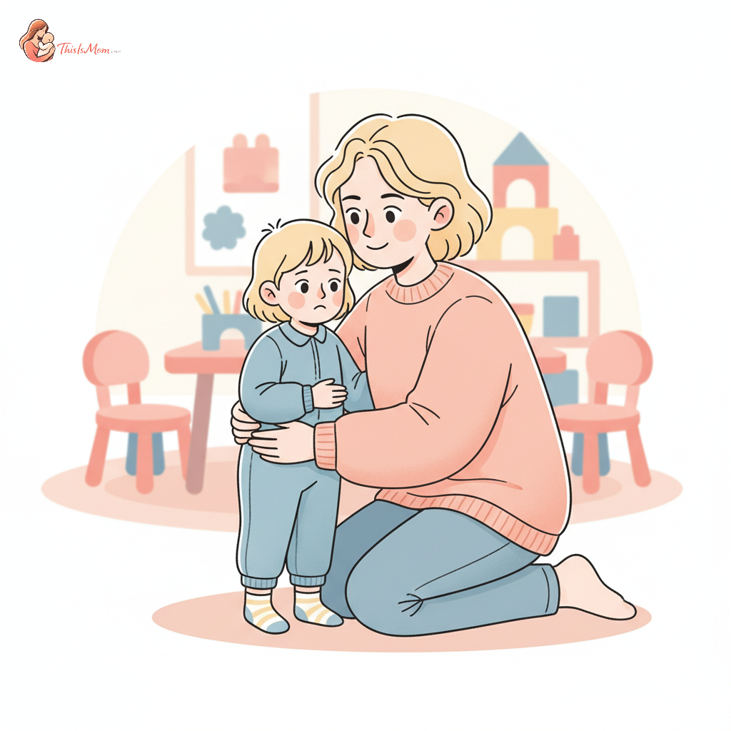 A parent gently hugging a 4-year-old child at the entrance of a colorful daycare classroom, with the child looking slightly apprehensive but being comforted by the parent.
