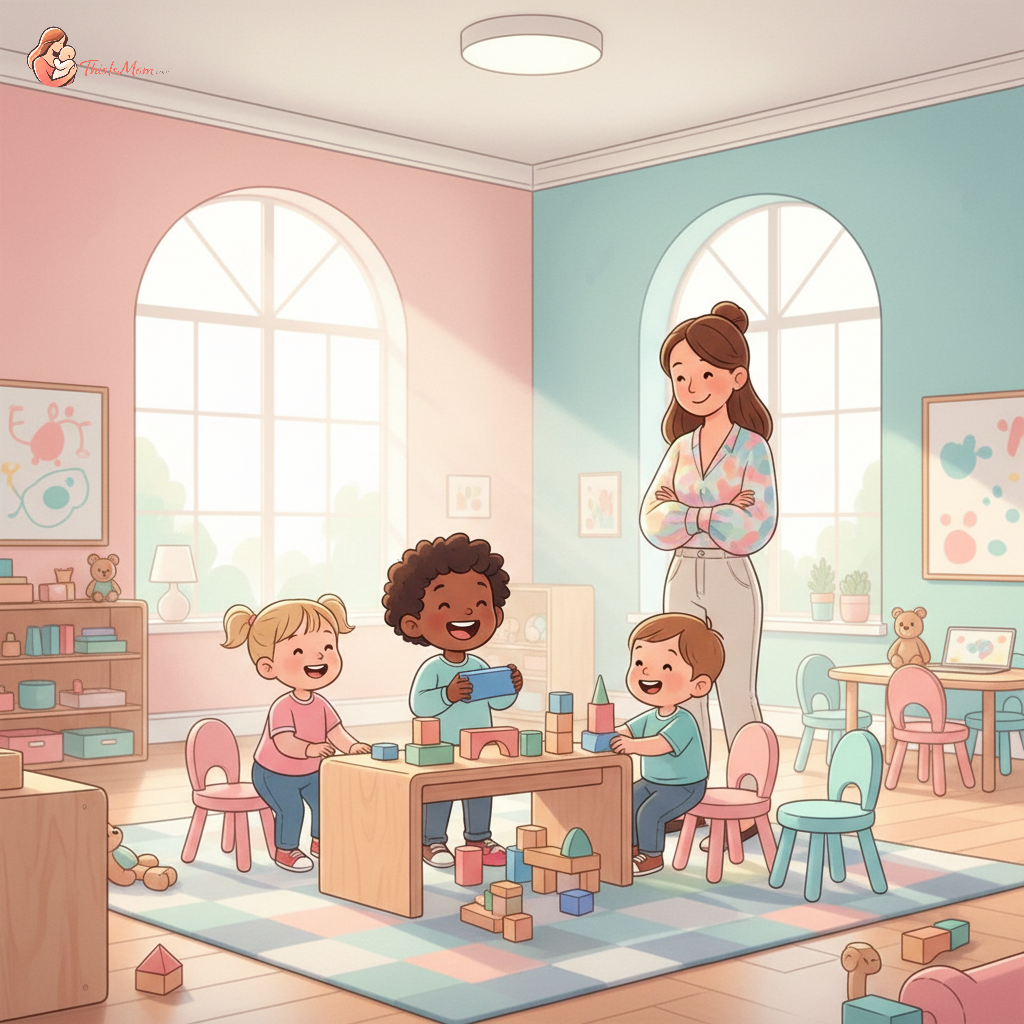 Happy toddler playing with diverse group of children at a bright, modern daycare, supervised by a caring teacher.