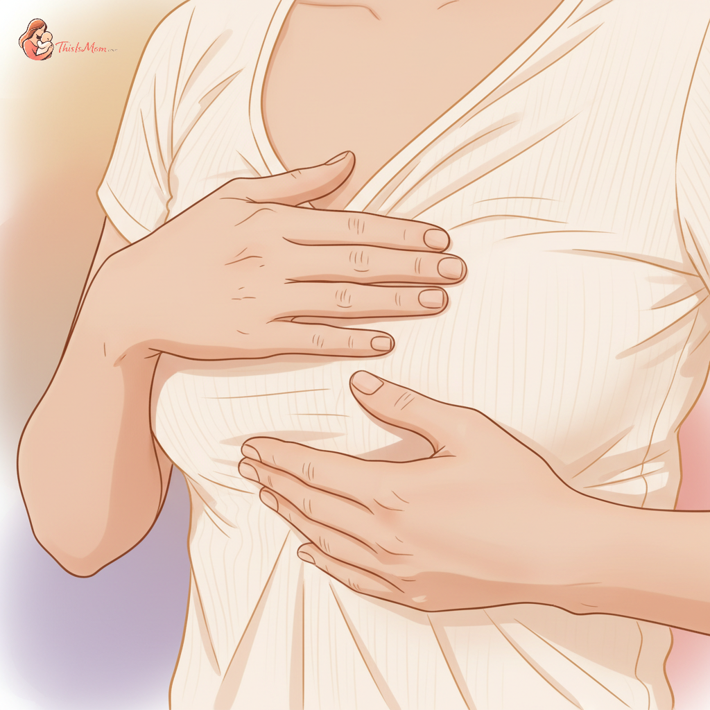Close-up of a new mother gently massaging her engorged breast, looking calm and comforted, with soft natural light.