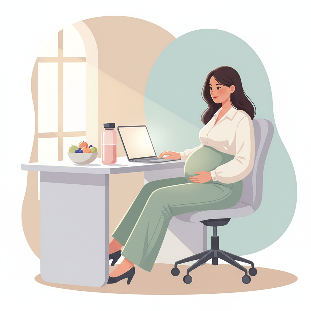 Pregnant woman at her desk in an office, looking tired but determined while working on a laptop, with a water bottle and healthy snacks nearby.