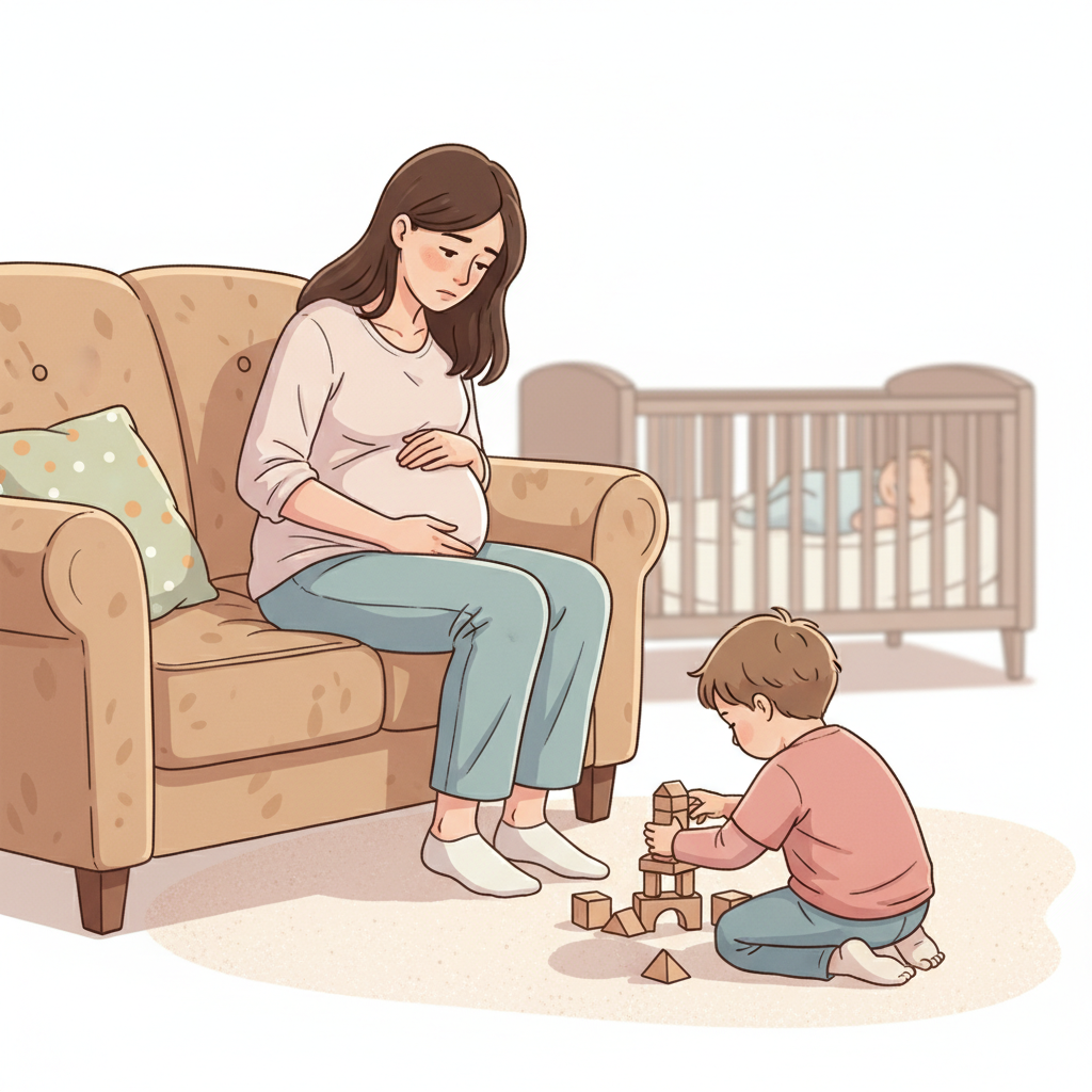 An exhausted pregnant mother, with dark circles under her eyes, sitting on a sofa while a toddler plays independently with blocks nearby and a baby is visible in a crib in the background, conveying the challenge of managing fatigue with childcare.