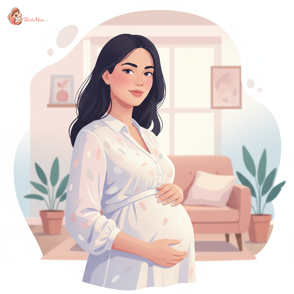 Pregnant person gently touching their baby bump, looking serene yet thoughtful, with soft lighting, symbolizing preparation and calm amidst feeding concerns.