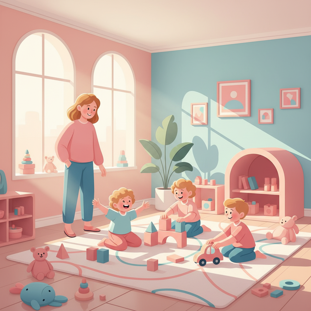 A parent looking thoughtfully at their child playing happily in a warm, inviting, but not luxurious, childcare setting, emphasizing a sense of peace and rightness with their decision.