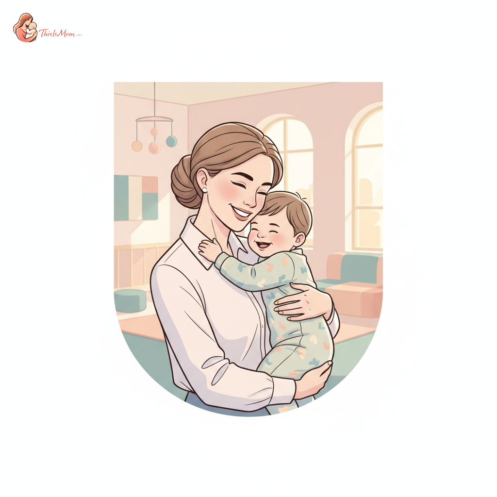 A working mother smiling while hugging her young child, with a blurred background suggesting a bright, welcoming daycare or professional setting, symbolizing peace and balance.