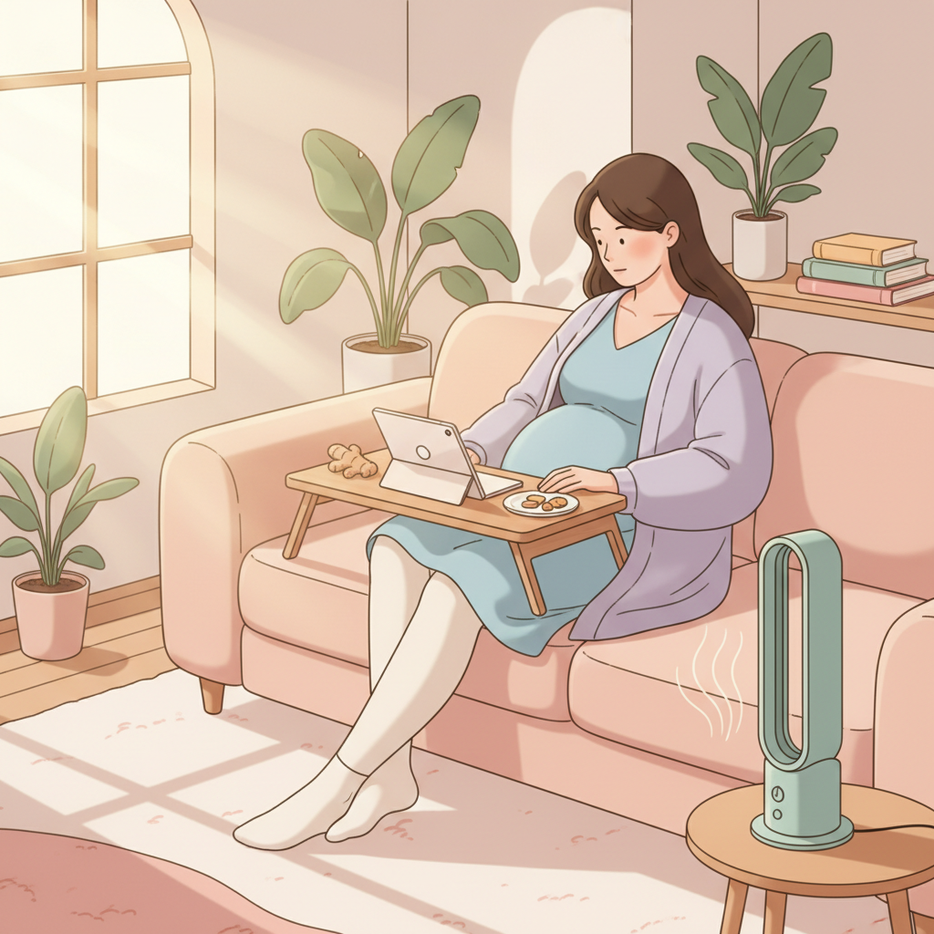 A pregnant woman, looking tired but determined, sitting on a couch with a lap desk, holding a mug and a gentle fan blowing nearby, in a cozy home office setting.