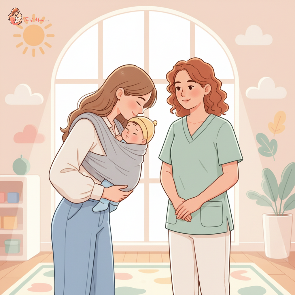 A mother gently kissing her 3-month-old baby goodbye as she hands the baby to a smiling daycare provider.