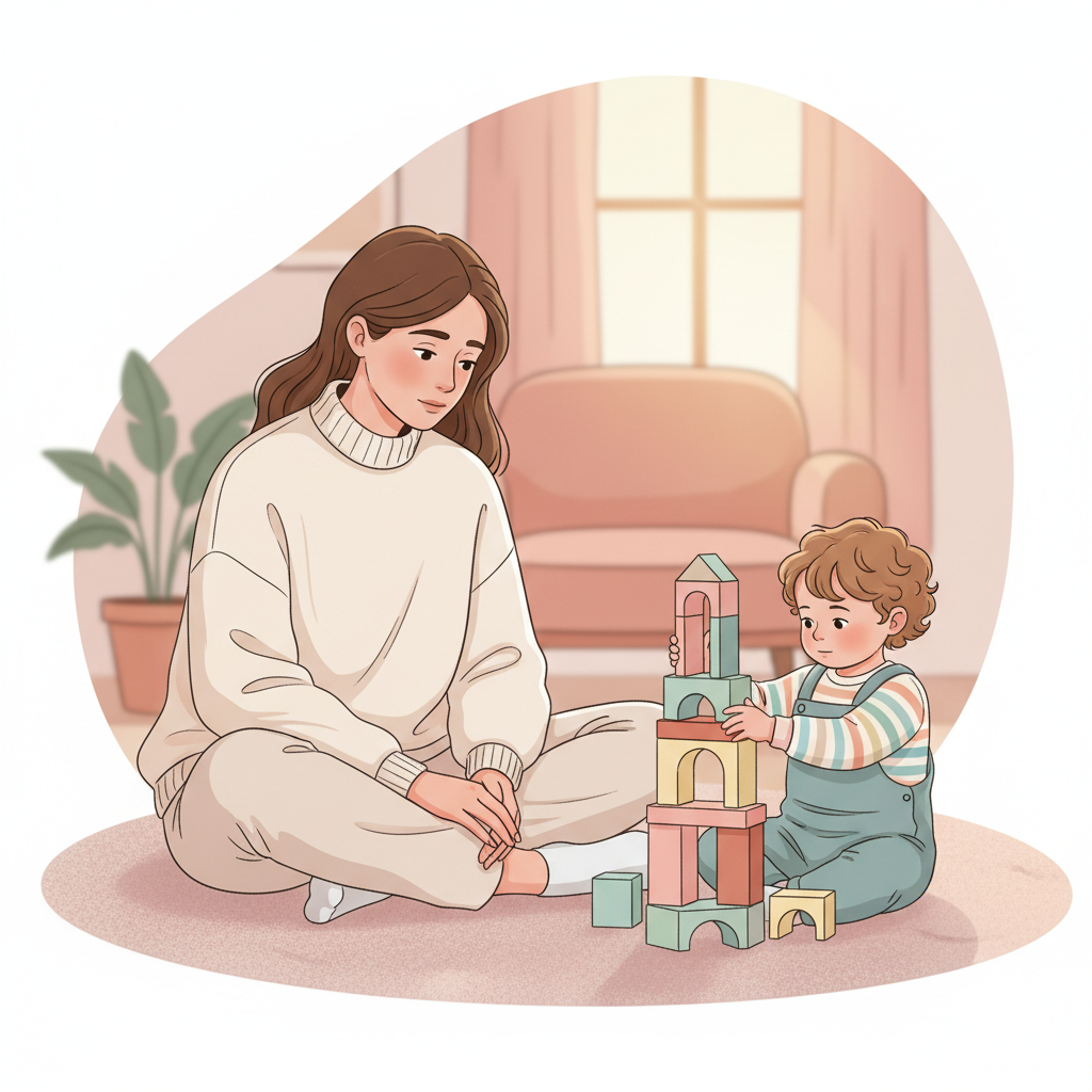 A tired but determined mother looking lovingly at her toddler, who is playing quietly with blocks on the floor. Soft, warm light fills the room, conveying a sense of calm amidst potential chaos.