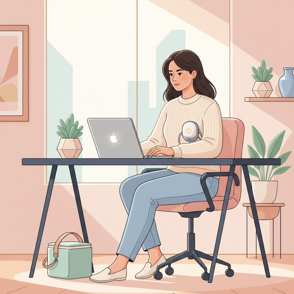 A woman in professional attire, subtly adjusting her breast pump in a discreet office setting, with a subtle look of determination and relief.