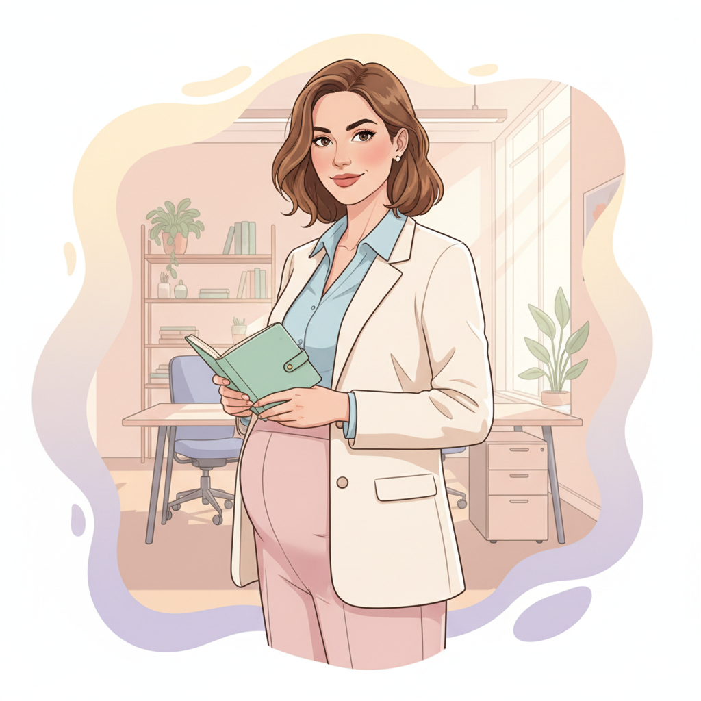 A pregnant woman in professional attire, smiling confidently, stands in front of a blurred modern office setting, holding a small planner, symbolizing her proactive approach to career and family planning.