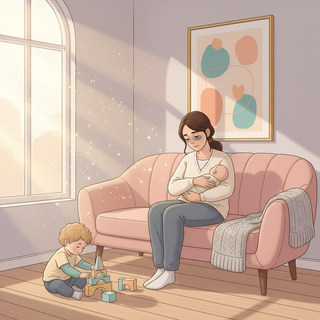 Tired mother with newborn and toddler