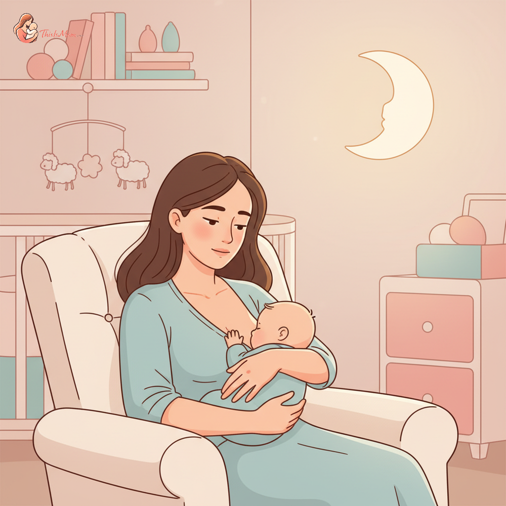 A sleep-deprived mother gently cradling her baby while breastfeeding in dim, soft light, looking thoughtful, with a peaceful nursery setting in the background.
