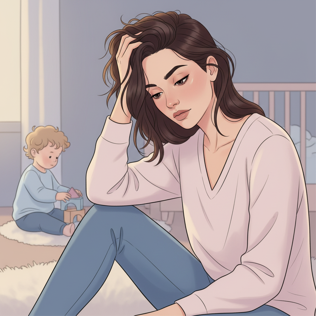 Exhausted new mother sitting on the floor in front of a crib, hands covering her face in frustration, with a blurry toddler playing in the background