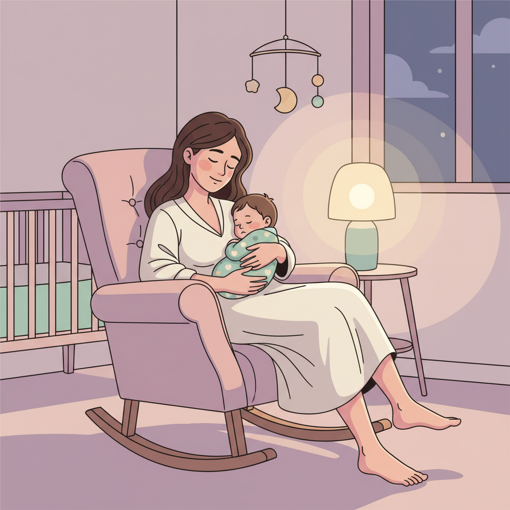 A new mother holding her baby at night, looking exhausted but finding a moment of calm