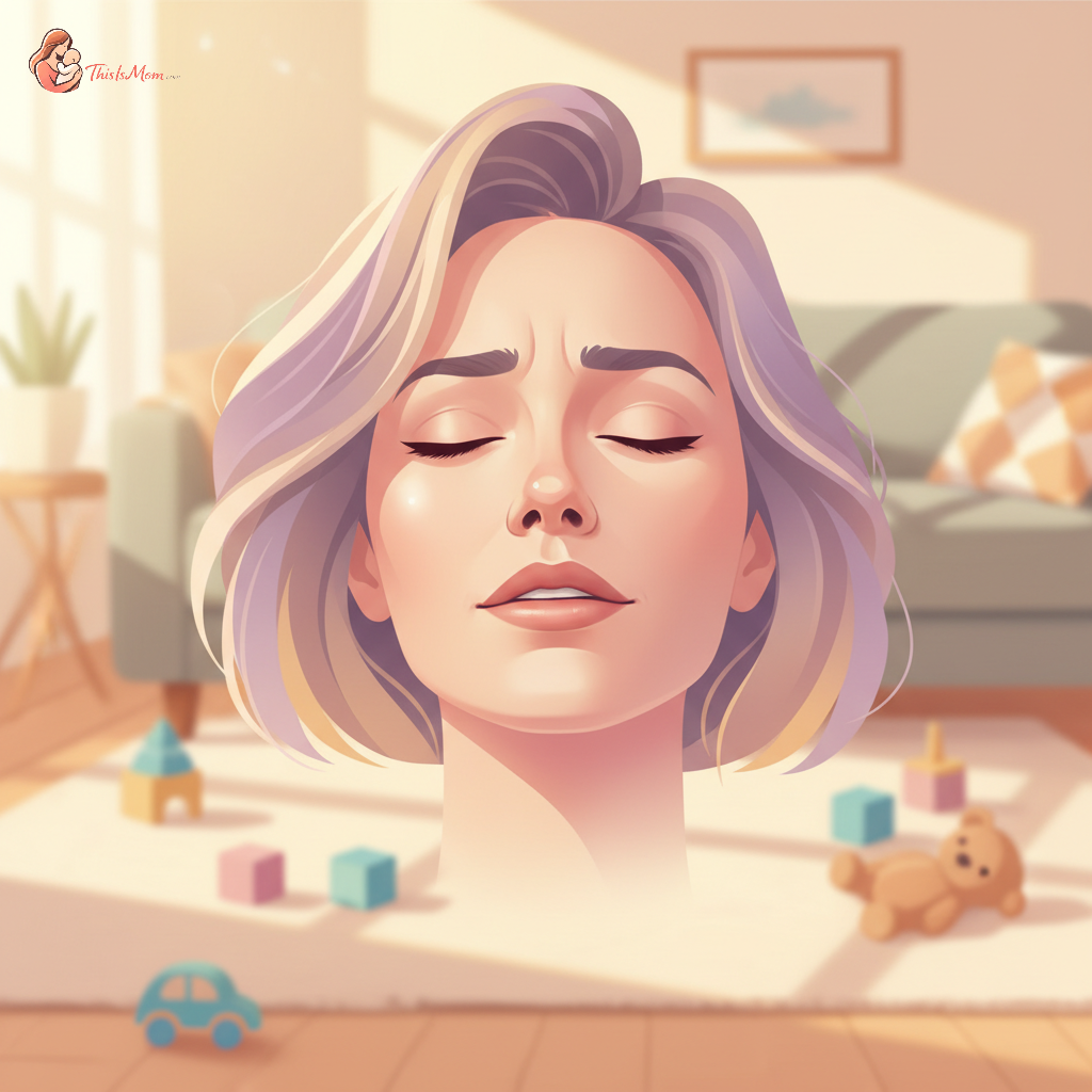 A tired but determined mother taking a deep breath while her toddler plays in the background, illustrating the struggle and coping mechanisms for postpartum rage.
