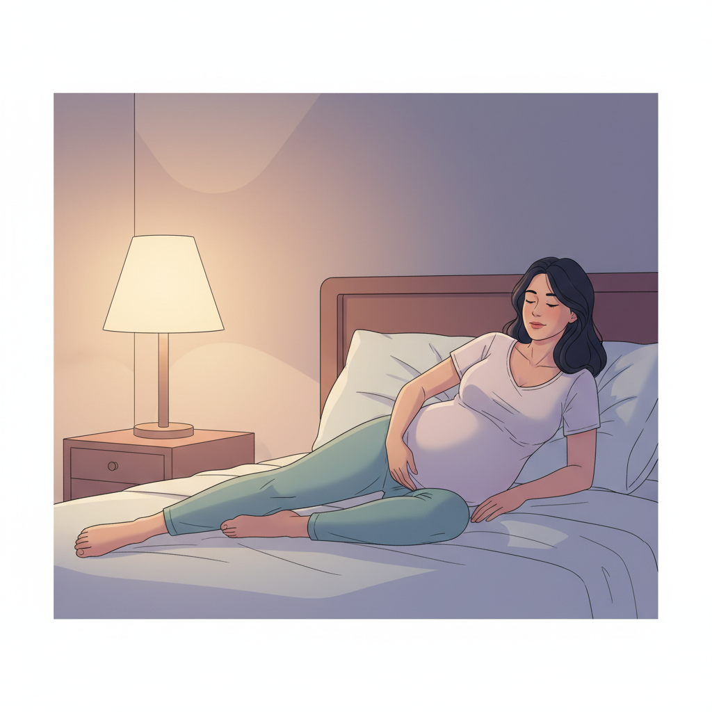 A pregnant woman relaxing in bed with one leg slightly elevated on a pillow, a soft, warm light in the room, conveying peace and comfort.