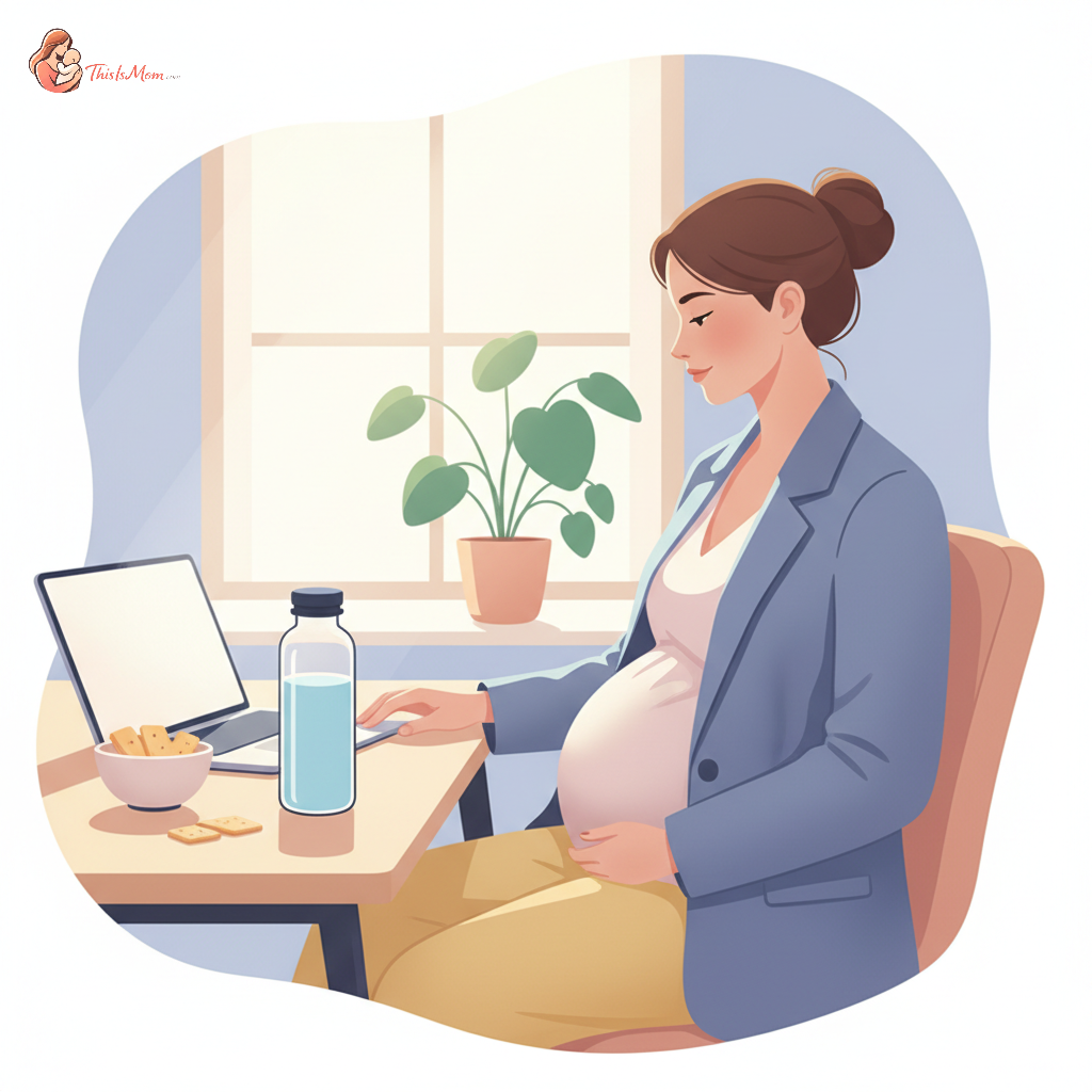 Pregnant woman subtly managing nausea at her office desk, perhaps sipping water or smelling a lemon, with a calm and focused expression.