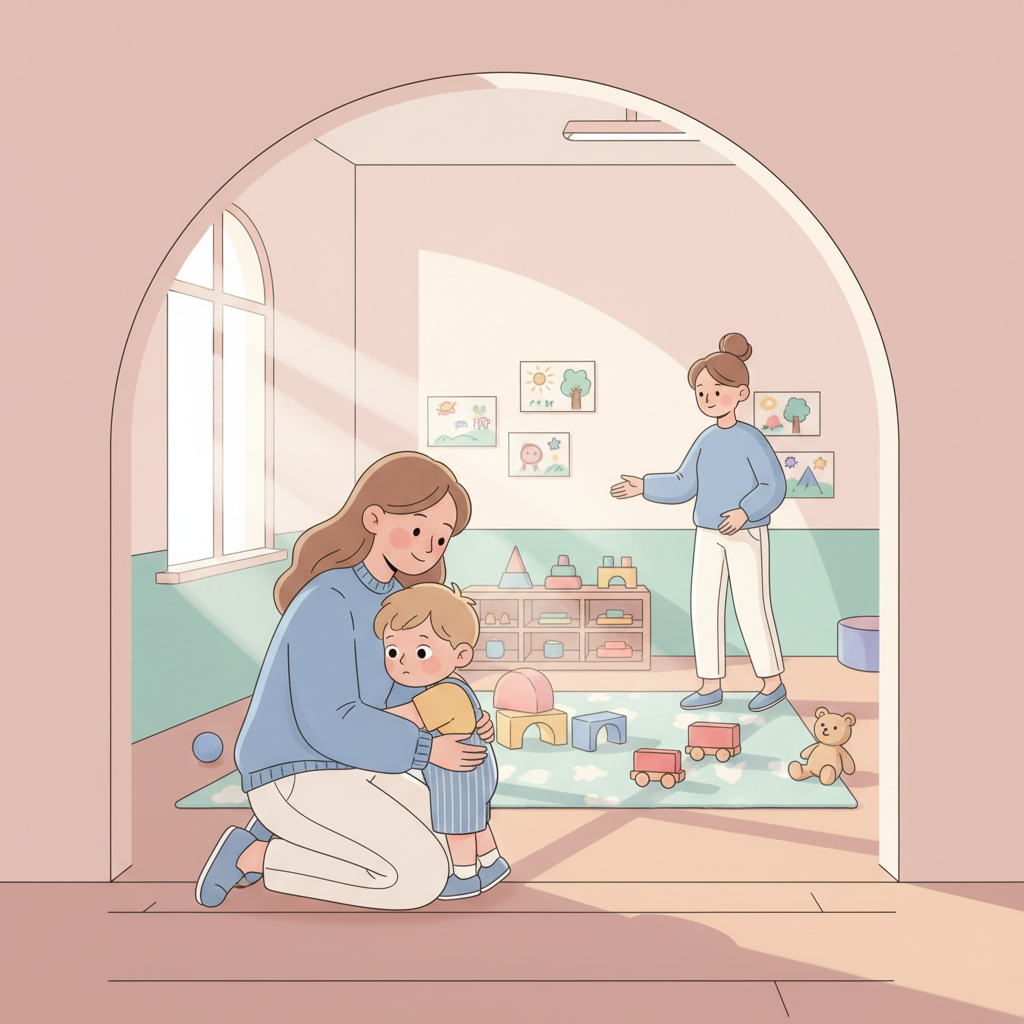 A mother gently encouraging her young child, who is clinging to her leg, to enter a brightly decorated preschool classroom.