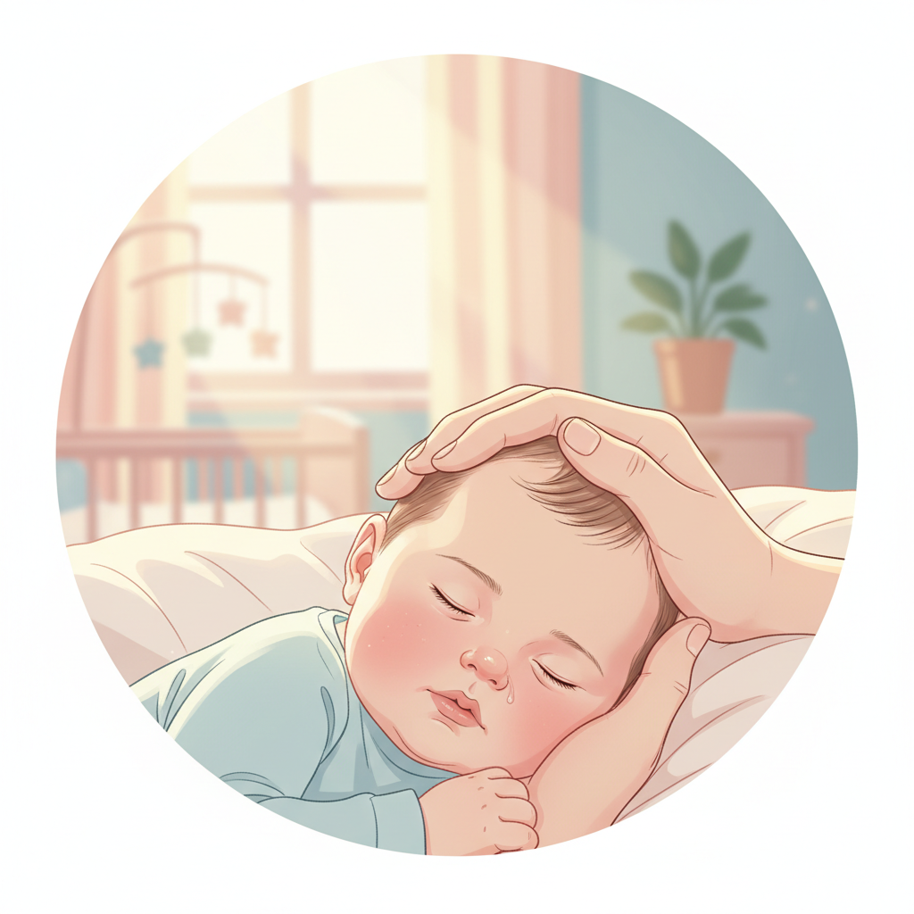A tired but loving parent comforting their sick infant, who has a mild runny nose, in a cozy, slightly dimmed nursery. The parent gently strokes the baby's head while holding a nasal aspirator and a bottle of saline drops nearby.