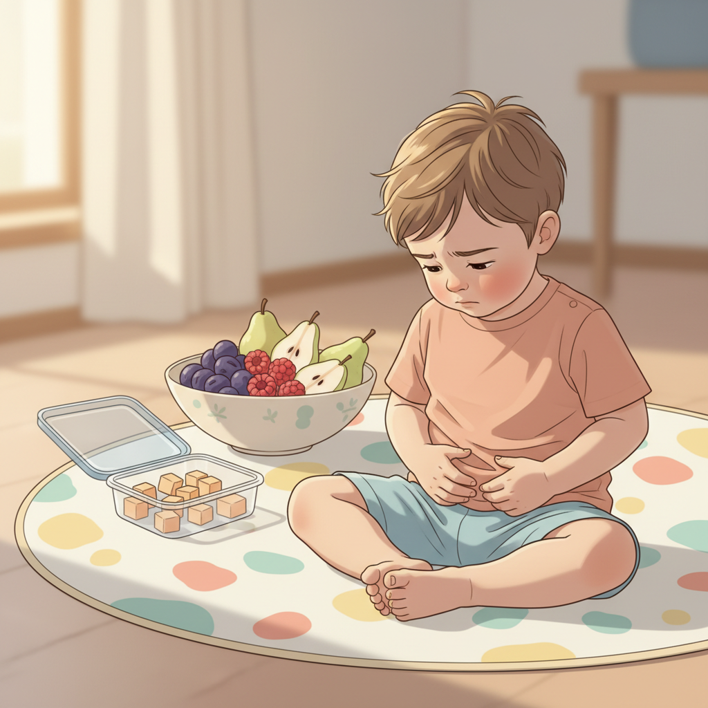 A toddler looking uncomfortable on the floor while holding their tummy, with a small piece of cheese and some high-fiber fruits like prunes and berries in the background.
