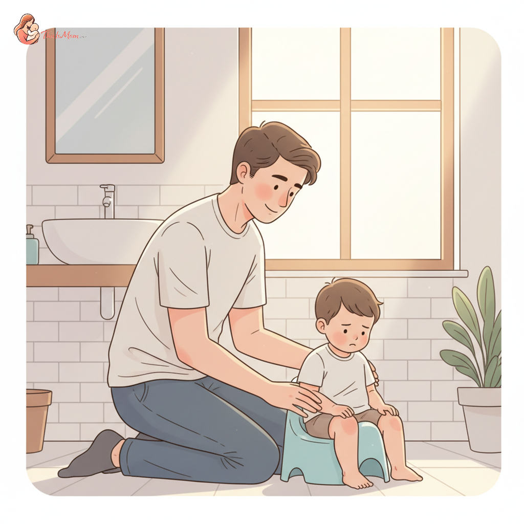A parent gently reassuring a frustrated toddler sitting on a small potty, soft lighting, calm and empathetic interaction, with a small training diaper visible nearby.