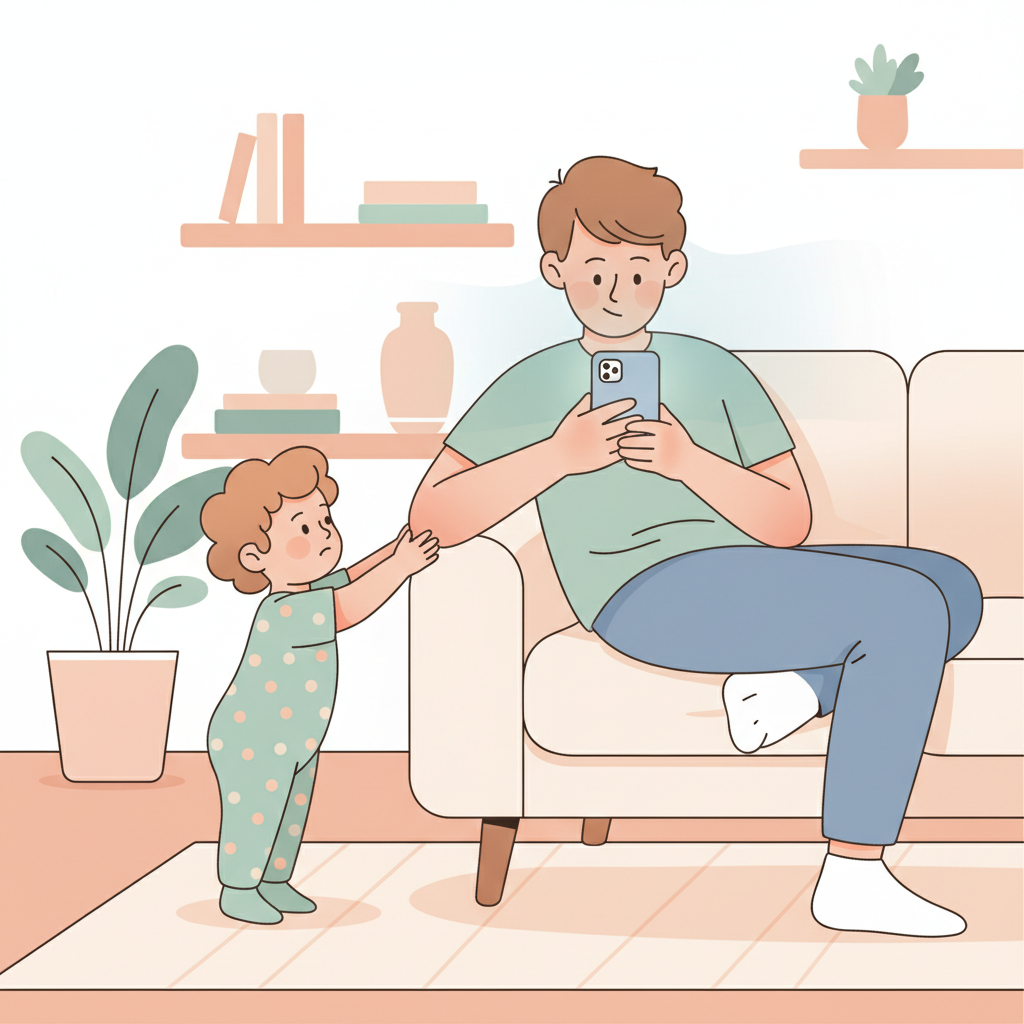 A toddler, eyes wide with frustration, pulling on a parent's arm who is looking down at a glowing smartphone, the parent's face partially obscured by the phone.