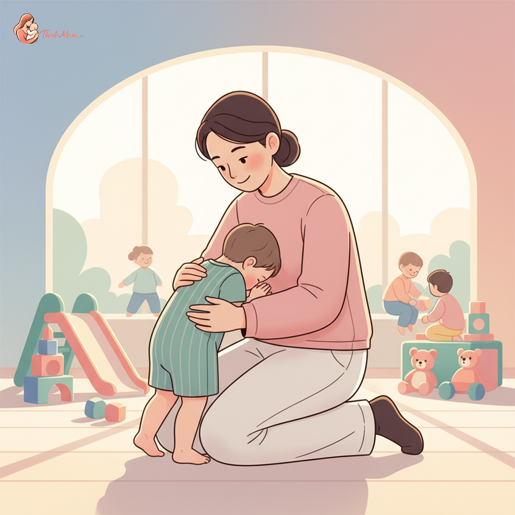 A thoughtful parent comforting a toddler who is clinging to their leg, against a blurred background of a daycare setting with other children playing.