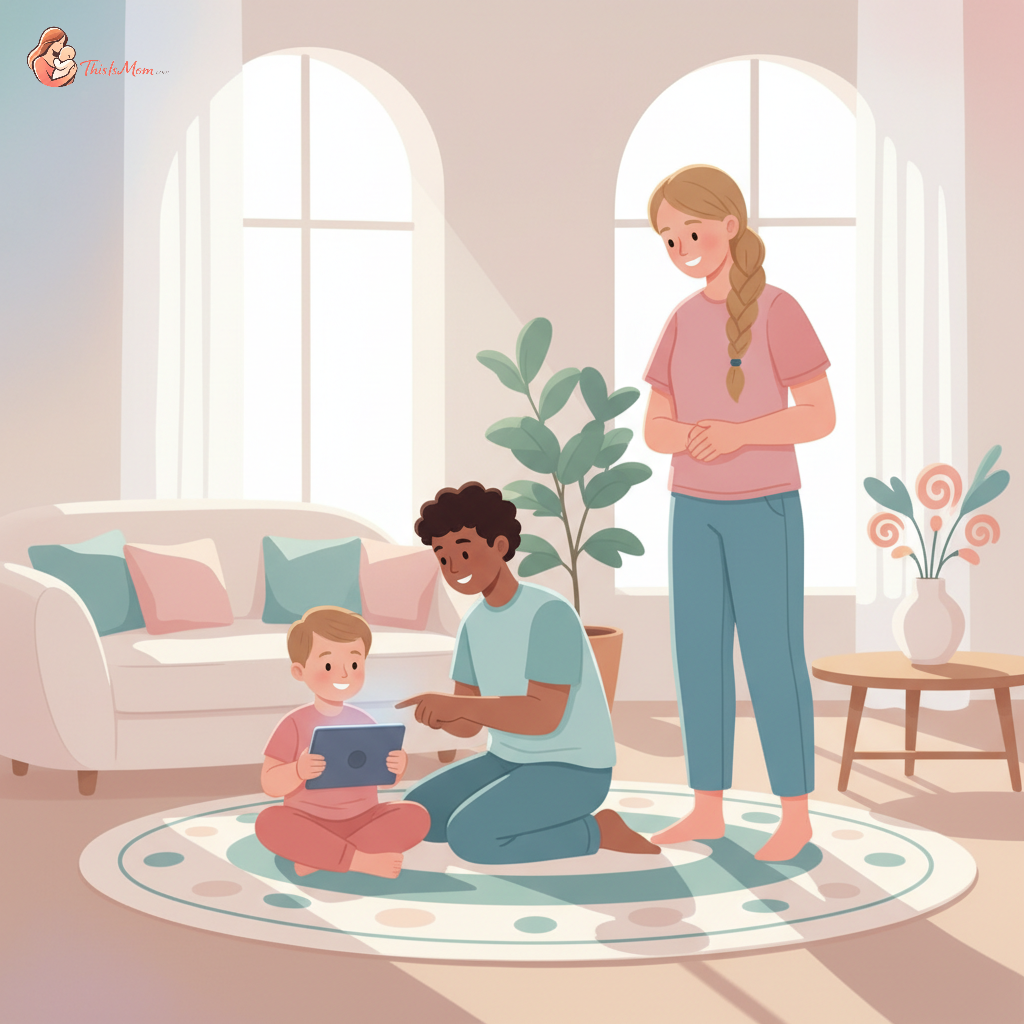 Two parents gently mediating a toddler's interaction with a tablet, one parent's hand reaching towards the screen while the other offers a comforting gesture, in a cozy living room setting.