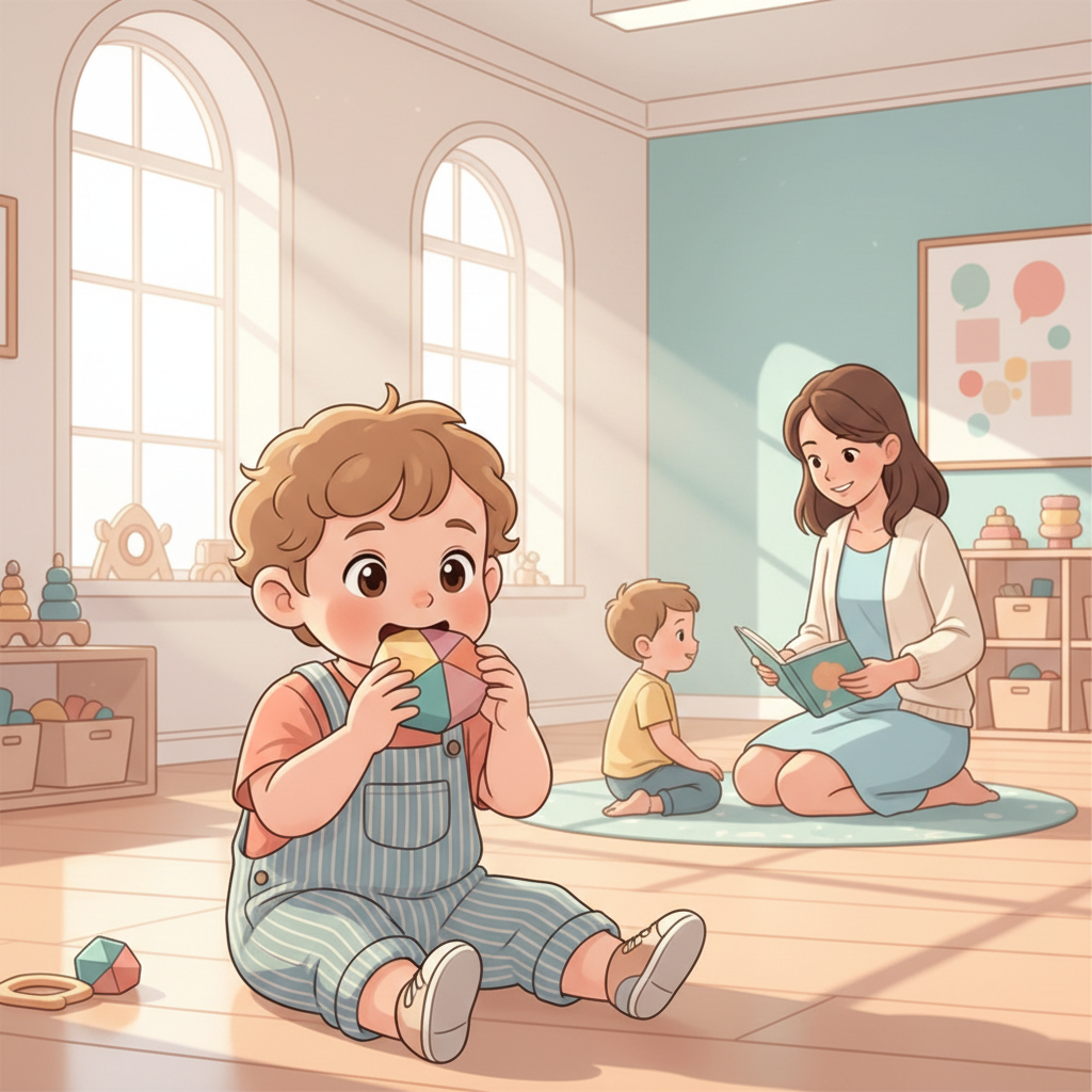 A toddler in a colorful daycare setting, perhaps gently biting a soft toy, while an adult supervisor observes with a reassuring expression, focusing on positive redirection rather than punishment.