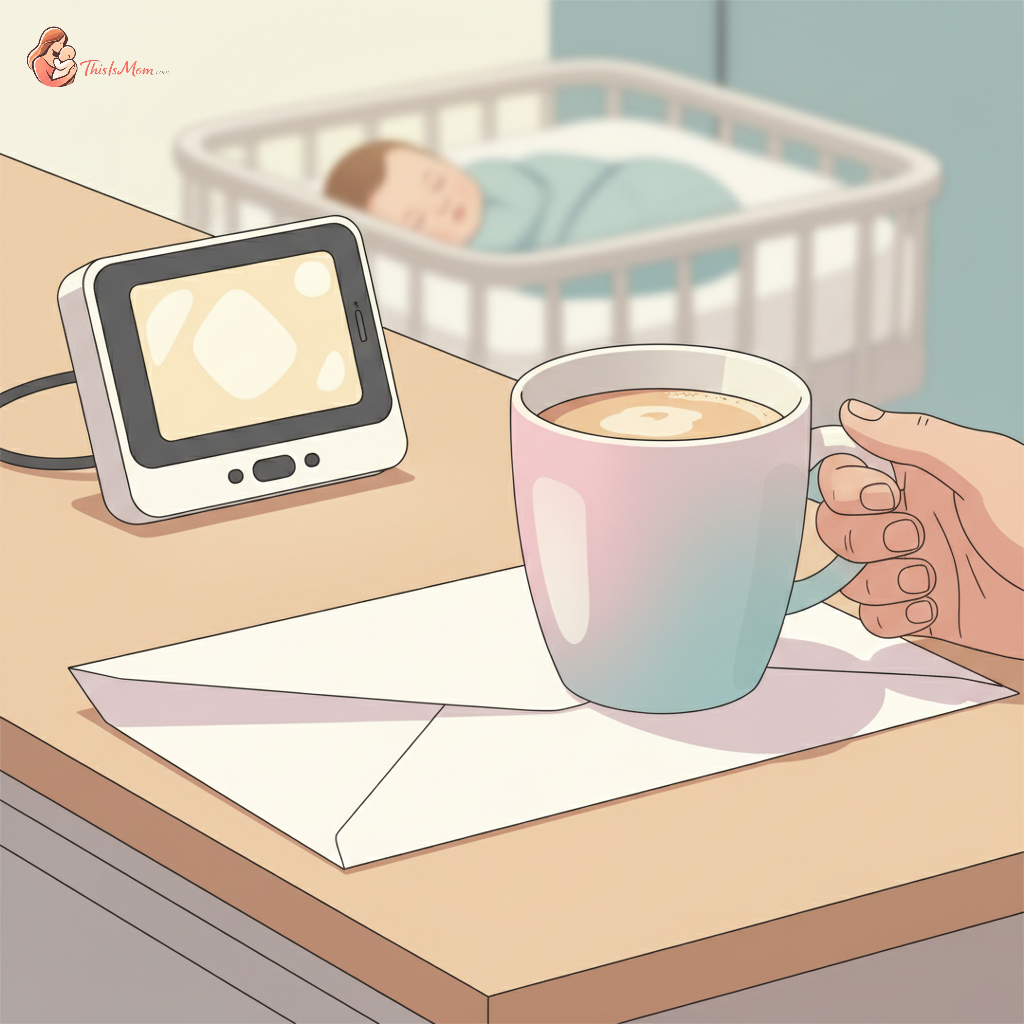 New parents looking worriedly at a stack of hospital bills while a baby sleeps peacefully in a bassinet nearby, conveying financial stress.