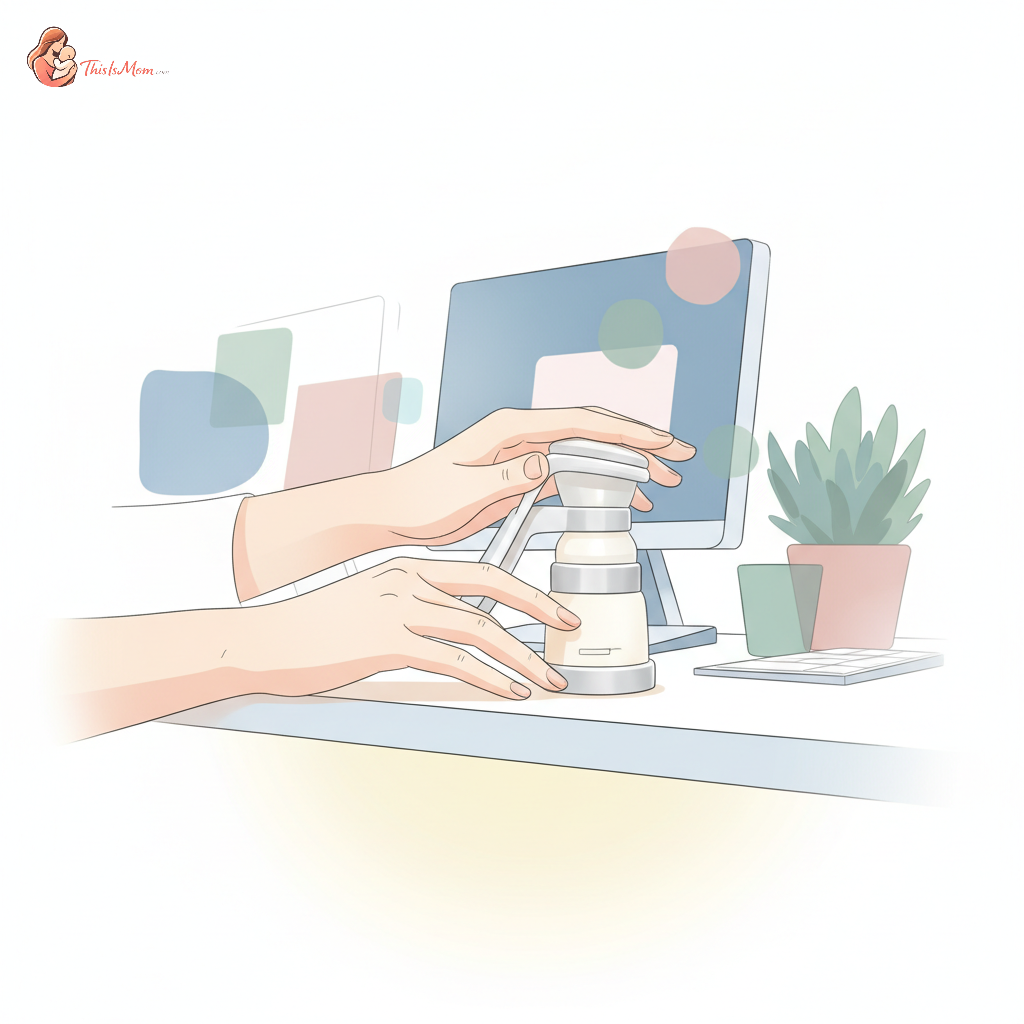 A person discreetly using a small, compact manual breast pump in a professional office setting, with a laptop and documents on the desk. The atmosphere is calm and focused.