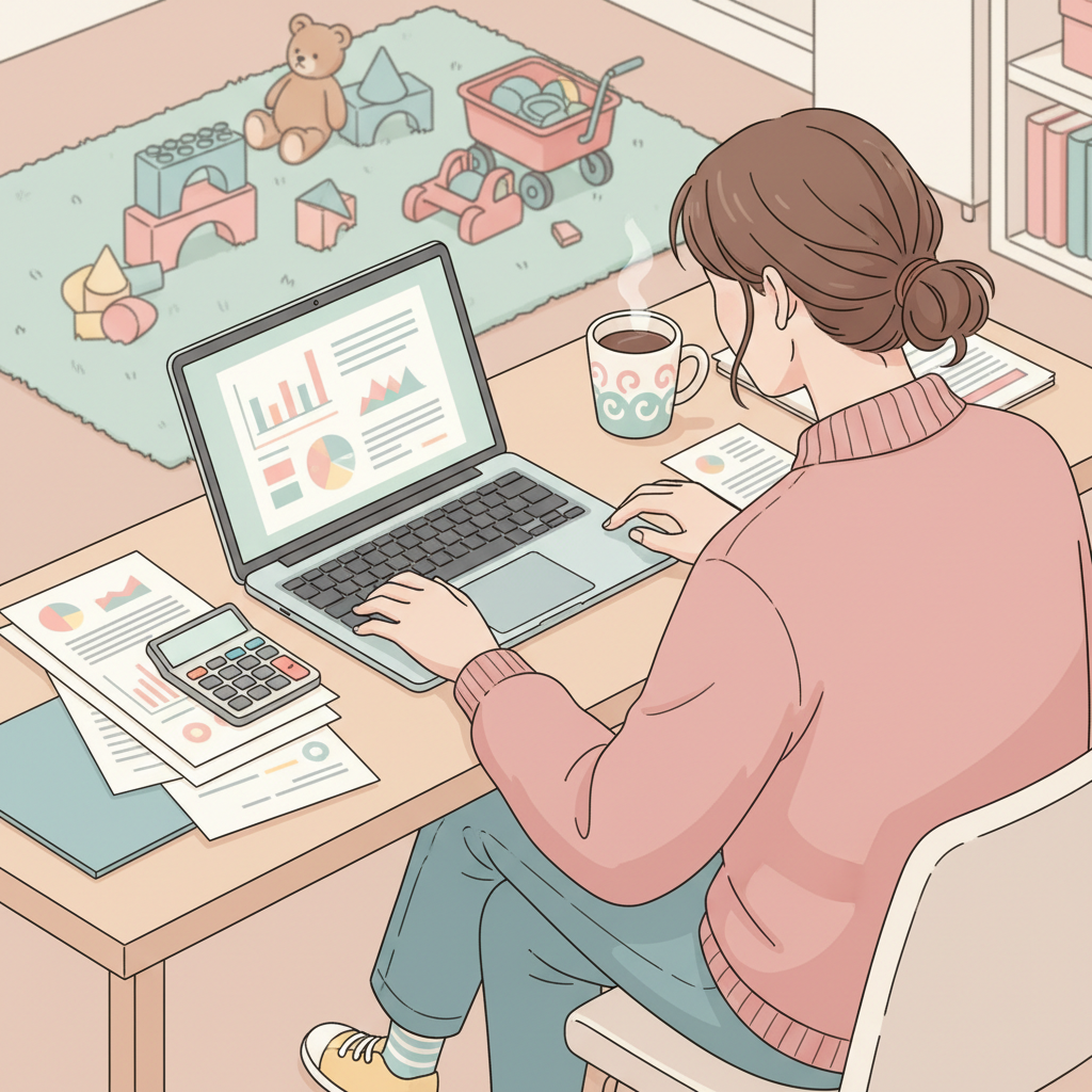 A parent at a laptop, surrounded by scattered toys and a half-eaten breakfast, simultaneously checking financial documents and gently guiding a child's hand into a shoe, illustrating the juggle of freelance parenthood.