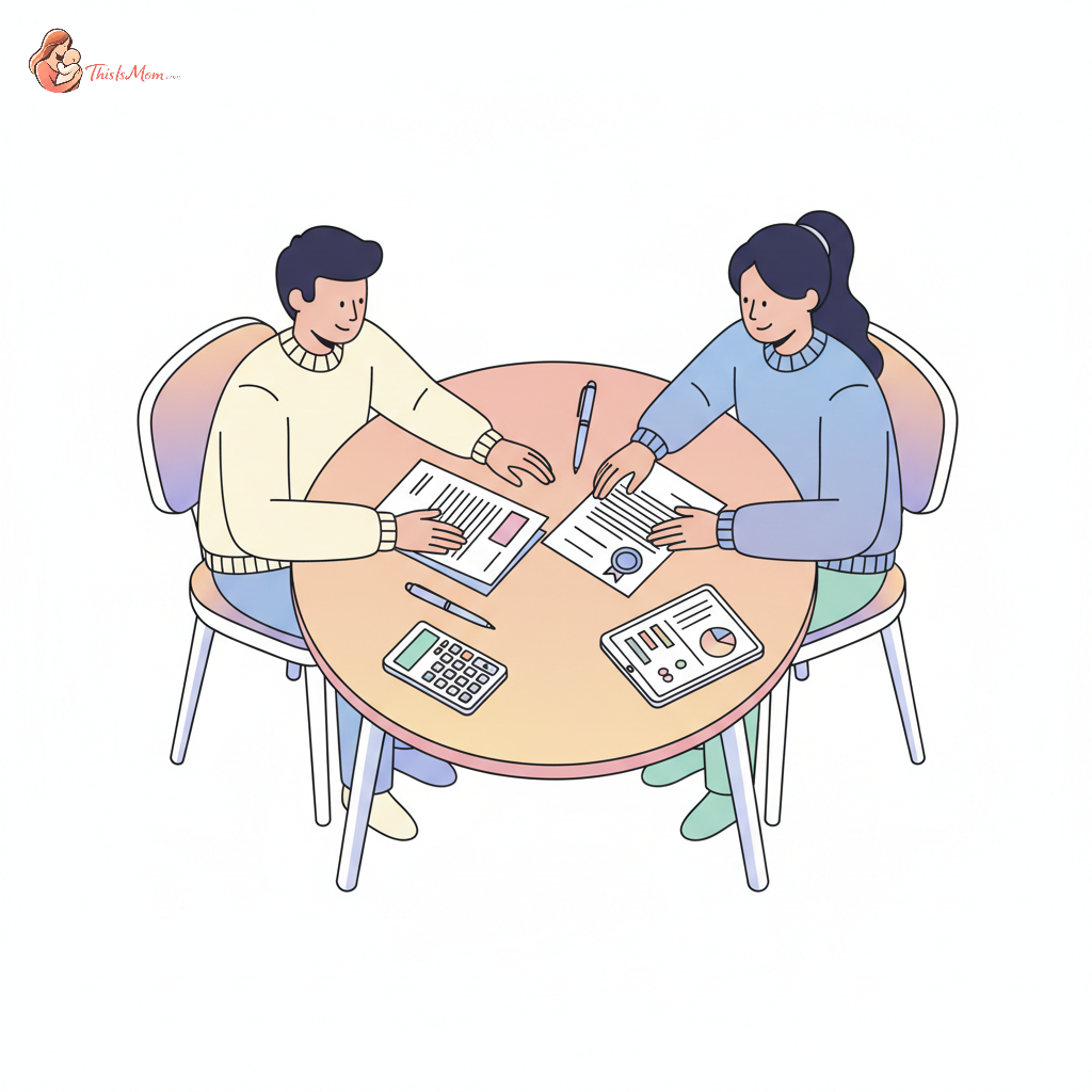 Two parents reviewing tax documents and a custody agreement at a kitchen table, with a child's drawing visible in the background, symbolizing shared responsibility and planning.