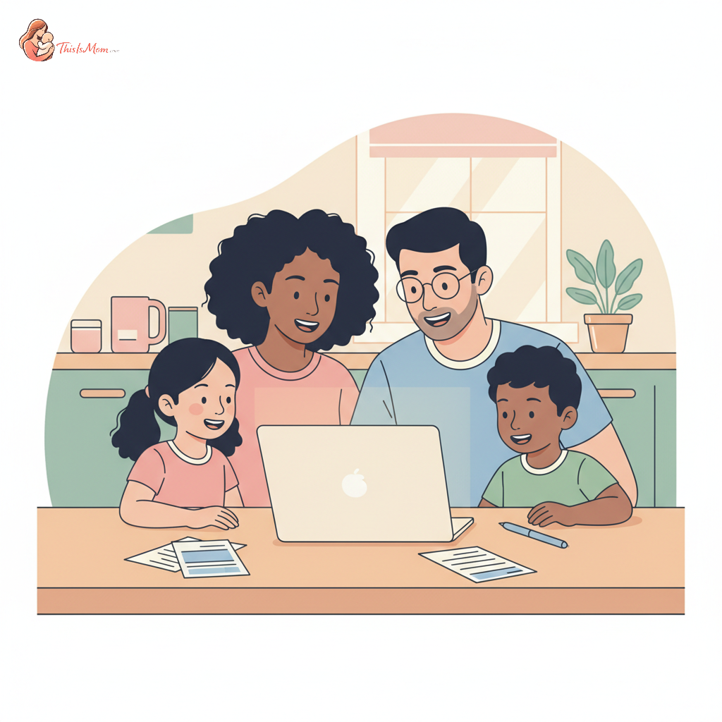A family of four (two parents, two children) looking at a laptop together, smiling, with tax documents or a calculator nearby. The scene conveys financial planning and relief.