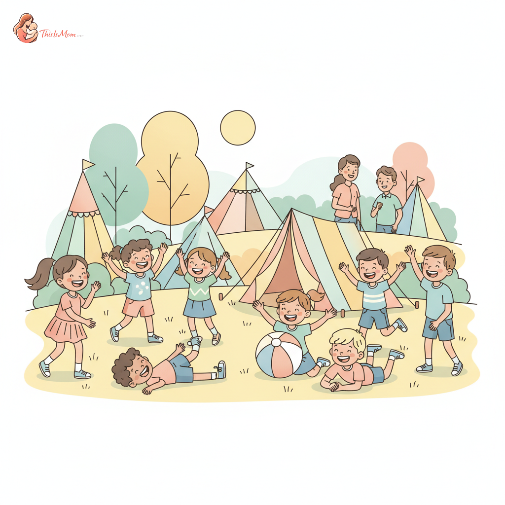 A diverse group of happy children playing in an open field at a sunny summer day camp, with counselors nearby.