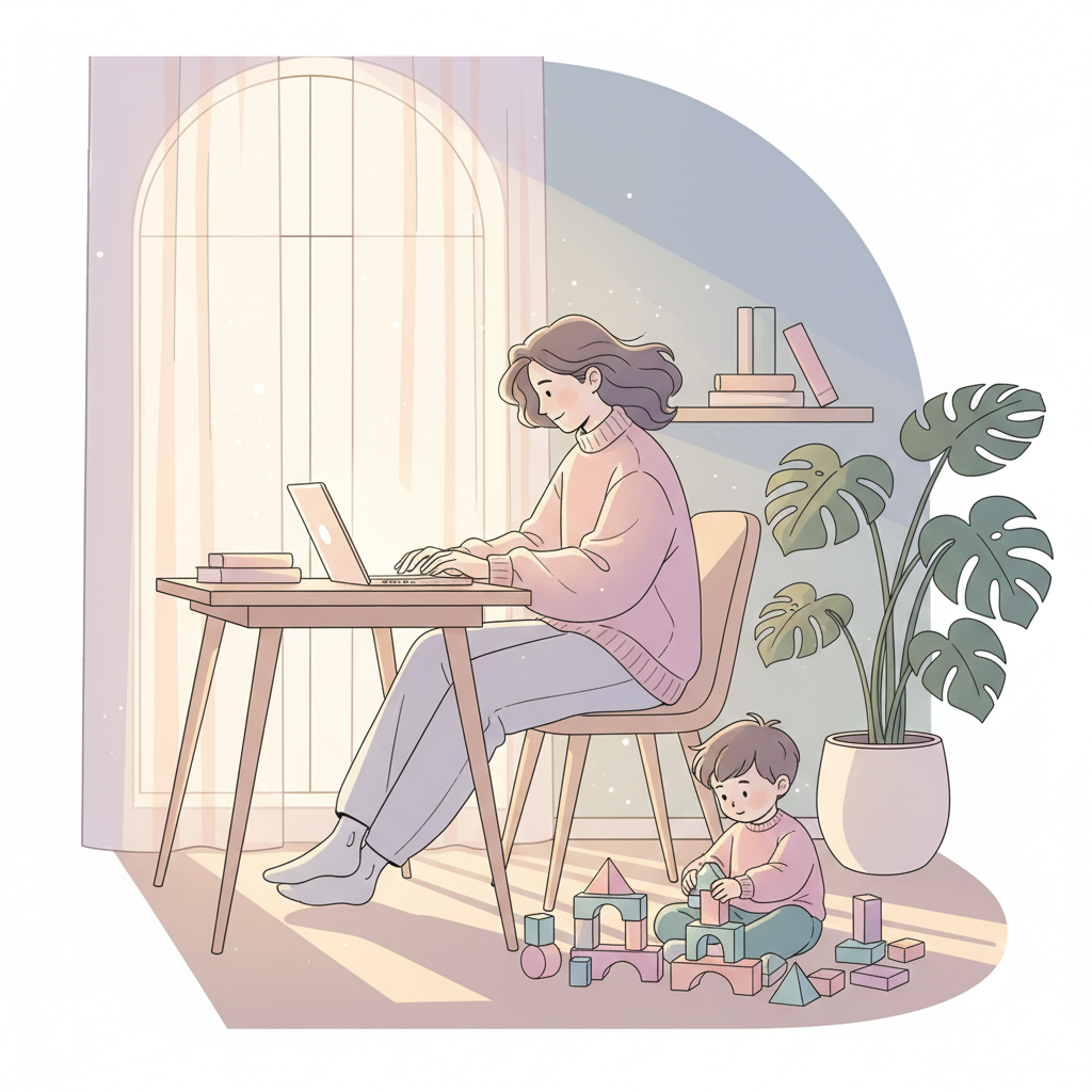 A parent working on a laptop at a home desk while a toddler plays with building blocks nearby.