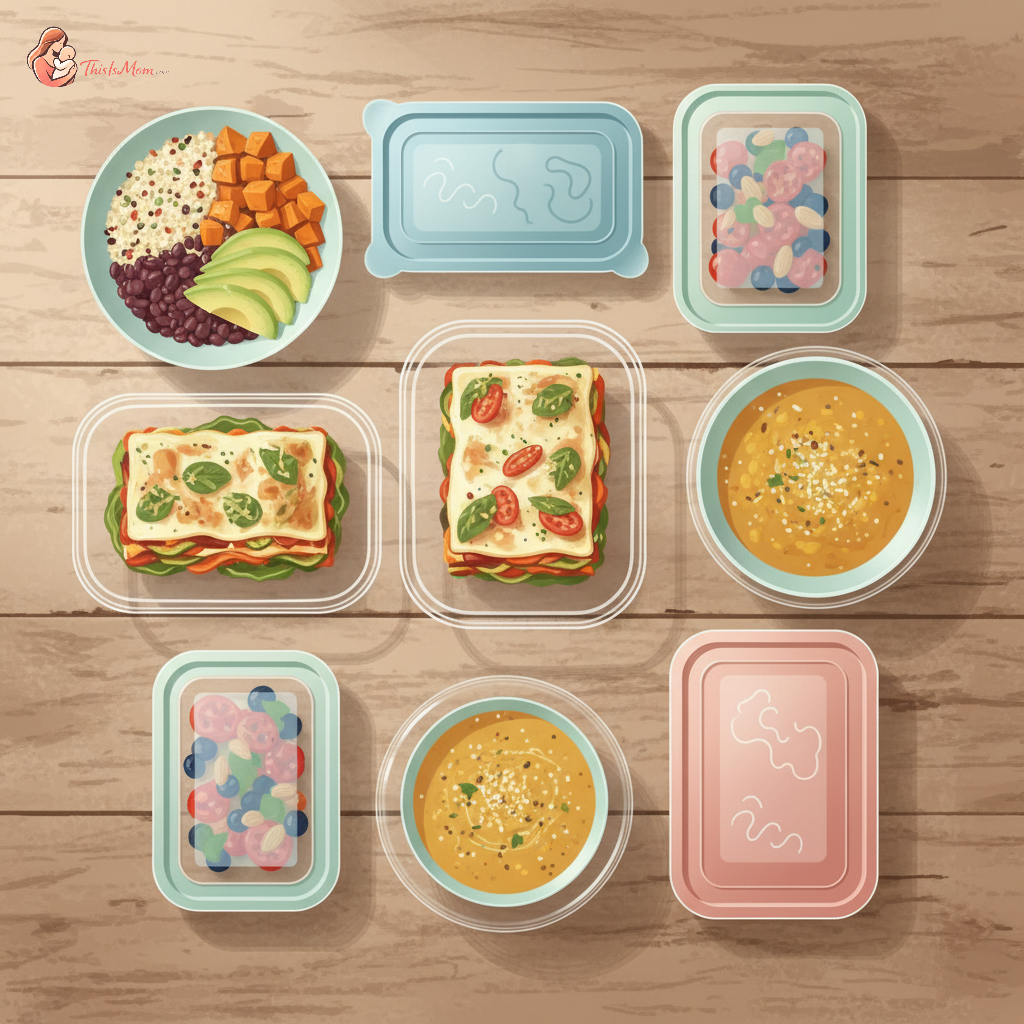 A curated selection of colorful, nutrient-dense meal prep containers, ready to eat, symbolizing ease and support for postpartum mothers.
