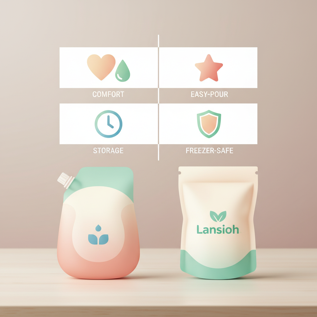 Comparison chart showing Medela and Lansinoh breast milk storage bags side-by-side