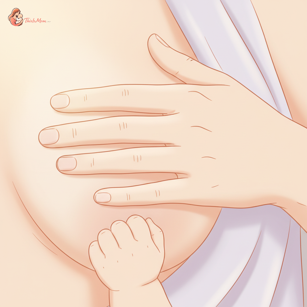 Close up of a nursing mother gently touching her breast, with a baby's hand visible near her. The image conveys comfort and care.