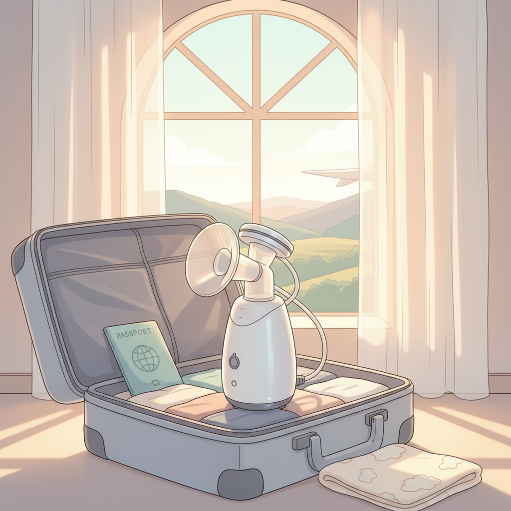 A small, sleek, white minimalist breast pump (Willow Go or Elvie style) sitting next to a passport on a neatly packed carry-on suitcase, suggesting convenient travel. Soft, natural light.