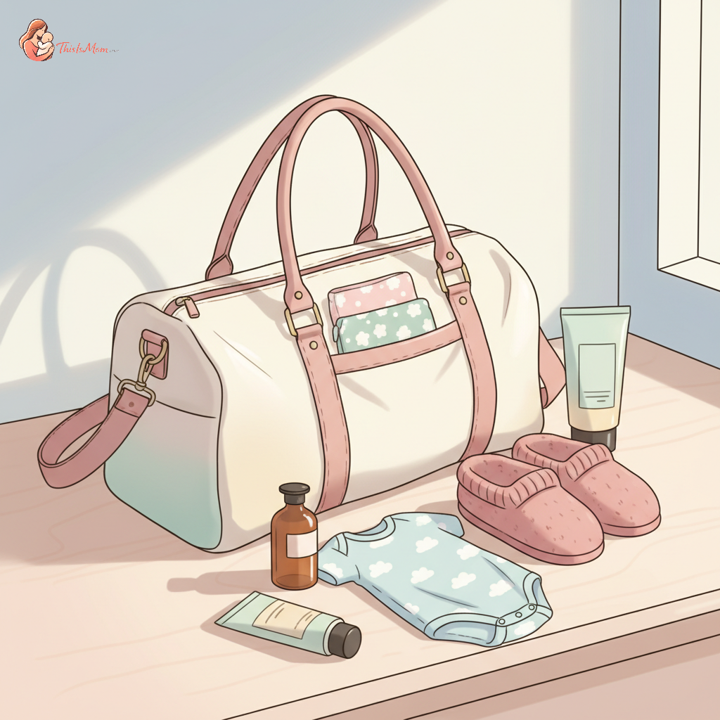 Small, neatly packed hospital tote bag next to a comfortable pair of fuzzy slippers, with a baby onesie peeking out, set in a peaceful, light-filled room