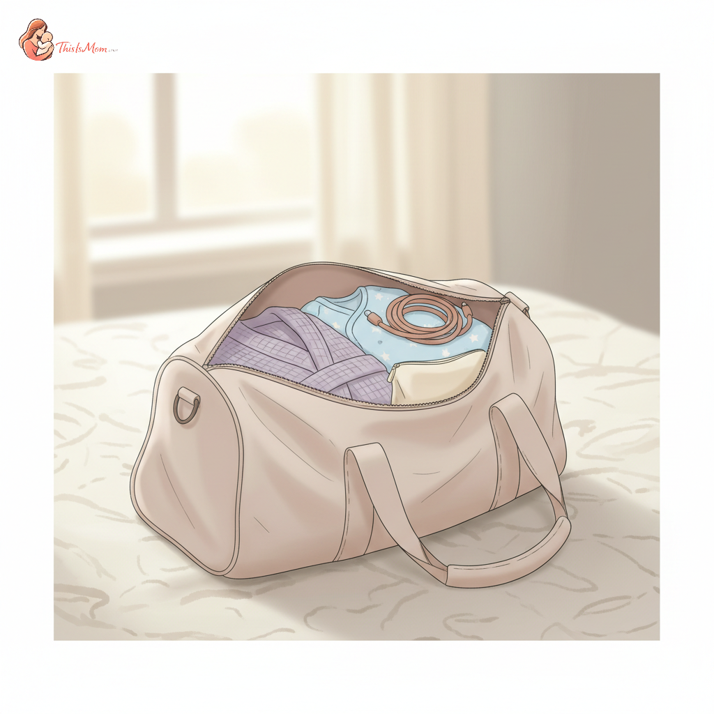A neatly packed, open minimalist hospital bag with a few essential items like a cozy robe, baby onesie, and a long phone charger visible inside.
