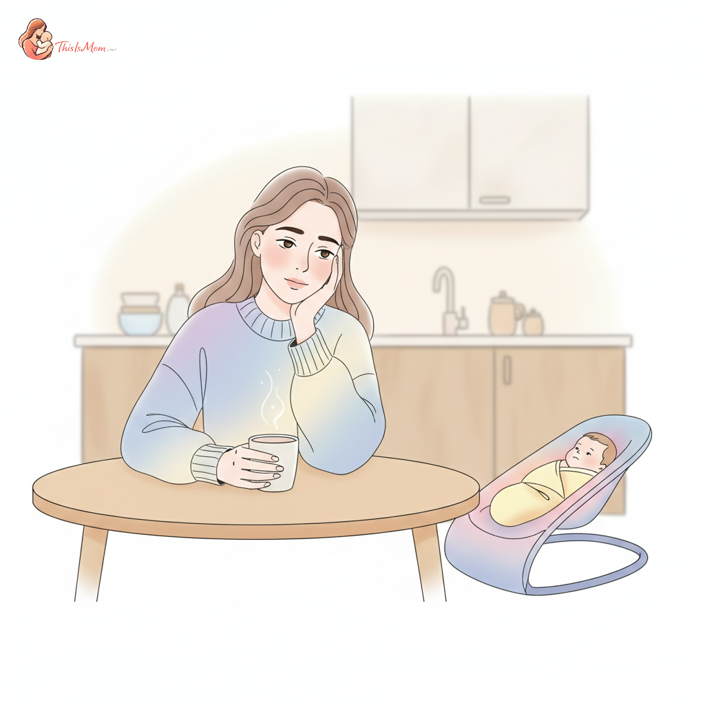 Exhausted mother looking contemplative, holding a cup of cold coffee with a sleeping baby in a carrier in the background, conveying the feeling of motherhood burnout.