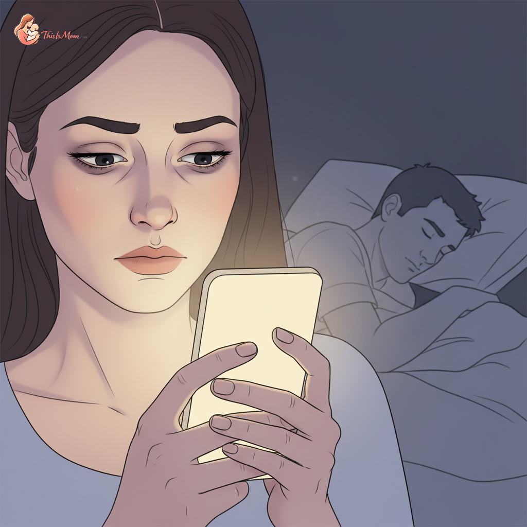 A tired new mother looking frustrated while her partner sleeps peacefully beside her in a dimly lit bedroom.